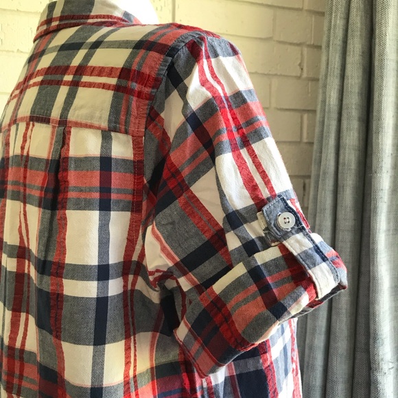 Cotton Shirt Button Down Roll Tab Short Sleeve Red White Blue Woman Within Sz 1X - Picture 3 of 10